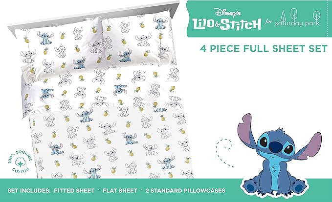 Saturday Park Disney Lilo & Stitch Watercolor Vibes Full Sheet Set - 4 Piece 100% Organic Cotton Sheets - GOTS & Oeko-TEX Certified (Disney Official)
