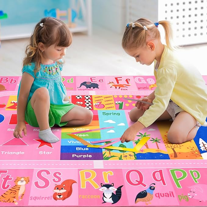 Pink Kids Rug for Playroom Classroom, ABC Alphabet Numbers Play Toddlers Rugs, 4x6 Learning Educational Bedroom Floor Mat, Washable Baby Carpet for Girls Room, Nursery, Preschool, Daycare
