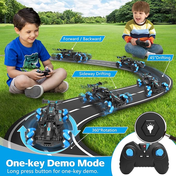 Eulogia Remote Control Car, 2.4GHz All-Terrain RC Stunt Truck with 360° Rotation, Sideway Drifting, One-Key Demo, Spray with Light. Best Car Toy for Boys Girls Kids Ages 4-12, Birthday Gift(Blue)