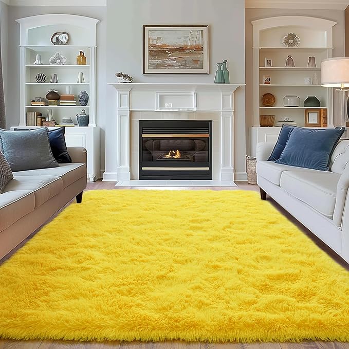 Super Fluffy Area Rug for Bedroom, Modern Shag Yellow Area Rugs, Soft Plush Small Carpet for Kids,Girls Boys and Teens Decorations for Living Room Dorm Nursery Classroom, 8x10 Feet
