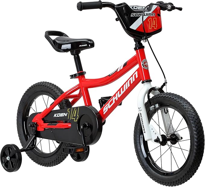 Schwinn Koen BMX Style Toddler and Kids Bike, For Girls and Boys, 14-Inch Wheels, With Saddle Handle, Training Wheels, Chain Guard, and Number Plate, Recommended Height 36-40 Inch, Red
