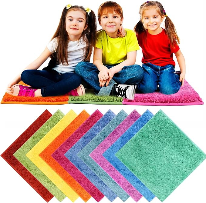 10 Pcs Kids Carpet Square Seats Soft Rainbow Floor Rug Mats Warm Colorful Hemming Floor Rug Cushions for Classroom Group Story Activity Home Play Area(18 Inch,Multi Color)