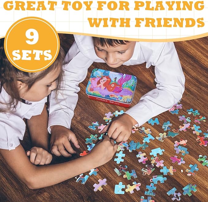 Libima 9 Boxes Party Favors Jigsaw Puzzles in a Metal Box for Age of 4-8 Wooden Puzzle for Ages 4-8 Boys and Girls Learning Educational Toys 9 Styles(Lovely Style)