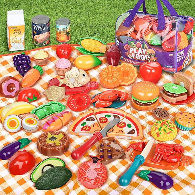 Pretend Play Food for Kids Kitchen - 78Pc Cutting Toy Food with Storage Bag, Food Toys with Veggies, Fruits, Fake Food with Pizza Toy, Pretend Food, Play Kitchen Accessories, Boys Girls Gift