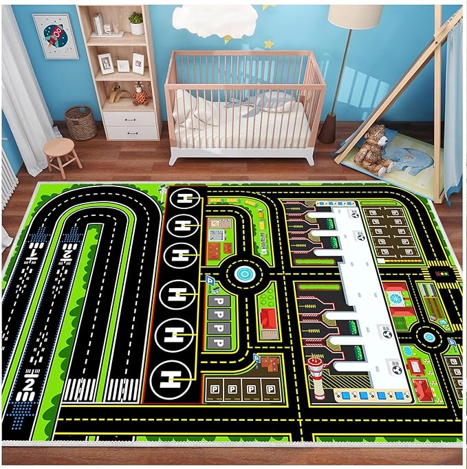 Kids Car Rug Carpet Playmat for Play Toy Cars, Airplane Road Airport Parking Track Rugs Carpet for Playroom Nursery Classroom Kids Room, Car Rug Play Floor Mat Great Gift for Boy Girl 4x6ft