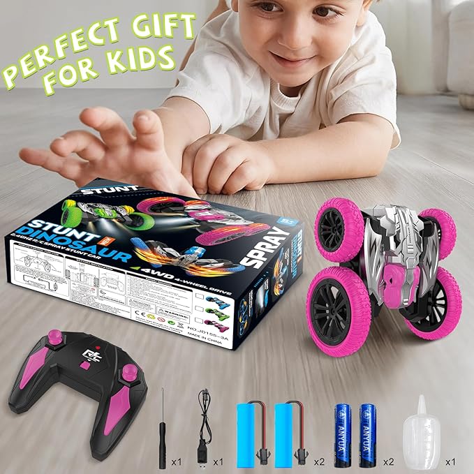 Remote Control Car, 360° Rotating RC Stunt Car with Lights and Spray, 2.4Ghz 4WD Double-Sided Driving RC Car Toys for Kids, Outdoor Dinosaur Truck Gift for Boys and Girls Age 4-7,8-12 (Pink)