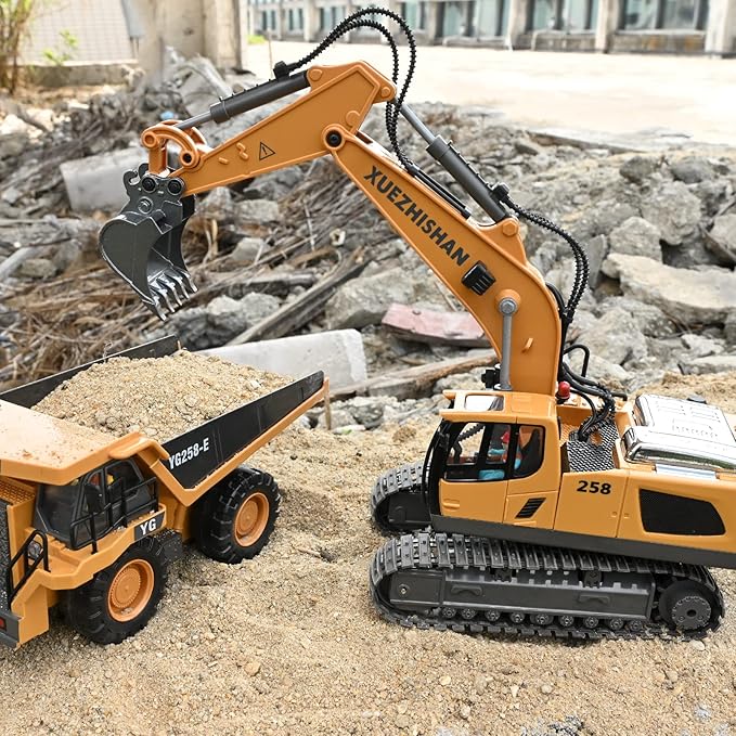 Remote Control Excavator Toys for Boys Turns 680-degree 2 Batteries Metal Shovel Lights/Sounds Construction Toys Birthday Gifts Boy Toys for 3 4 5 6 7 8 Years Old