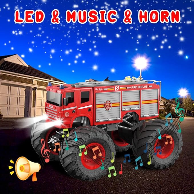 Remote Control Car, RC Fire Truck for Kids, RC Monster Truck Toy 2.4GHz 1:18 Scale Model Vehicle with LED Lights Sounds Racing Sport Toy Car for Adults Boys Girls Kids Gift 2Pcs Batteries