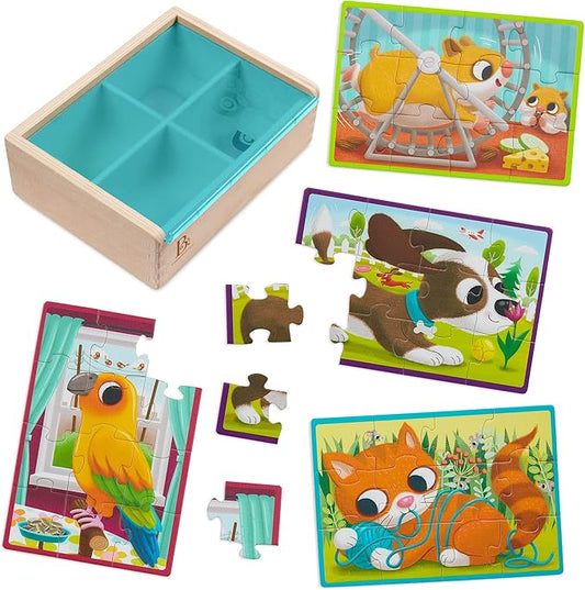 B. toys – Wooden Puzzle Set – 4 Animal Puzzles – Cat, Dog, Bird, Hamster– 12-Piece Jigsaw Puzzles For Kids – 3 Years + – Pack o' Puzzles - Pets