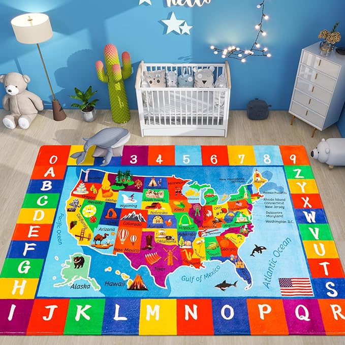 USA Map ABC Kid Rug 47x70.9IN for Playroom & Classroom - Fluffy, Non-Slip, Educational Baby Playmat with Alphabet Design