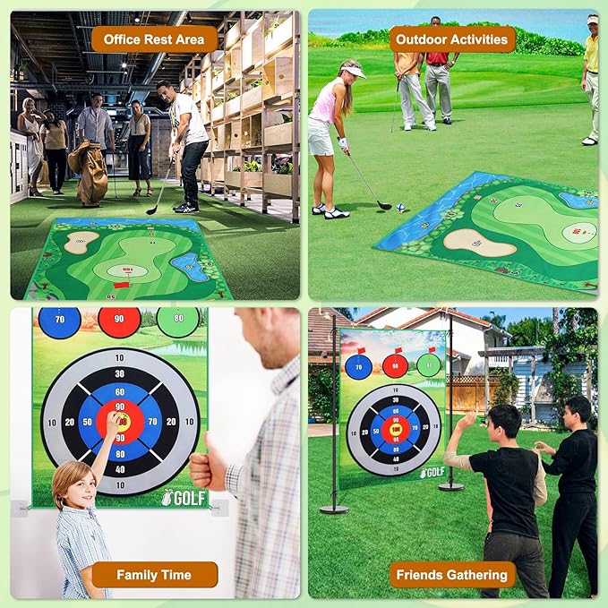 MoKo Golf Chipping Mat Set - 47"x70" Sticky Battle Golf Game Play Set Double Sided Par Pursuit Game for Kids Adults, Indoor & Outdoor, with 2 Sticks 20 Sticky Balls