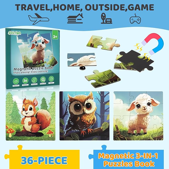 Dinosaur Puzzles for Kids Ages 3-5 113 Pieces Three-Book Animal Travel Puzzles for Kids 4-6 Airplane Car Road Trip Activities Games Toys 3 4 5 6 7 8 Year Old Girls and Boys Gift