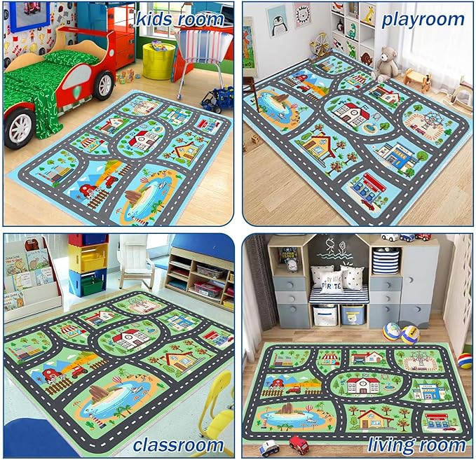 Kids Rug Car Rugs Playmat Carpet for Play Toy Cars for Playroom Classroom Kids Room, Educational Area Rugs Non-Slip Road Traffic Floor Rug Mats, Ideal Gift for Nursery Children Boy Girl 2.6x3.9ft