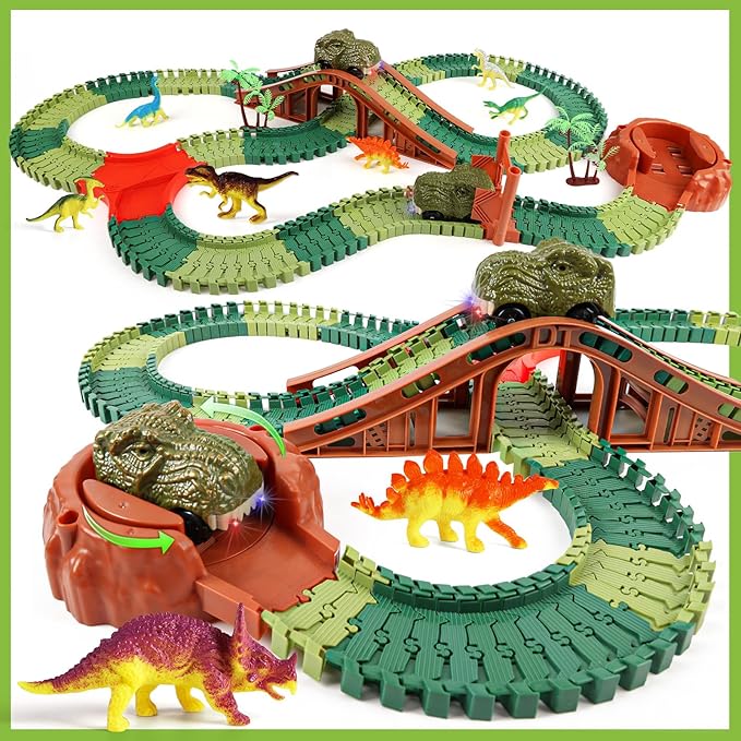 Jurassic Dinosaur Toys Race Car Track for Boys Age 4-7 Dinosaur World Road Race - Flexible Train Track Playset with 2 Cars and 8 Dinos-Todder Kids Best Gifts Ideas 3 5 6 Years Old (220+pcs) DDAI