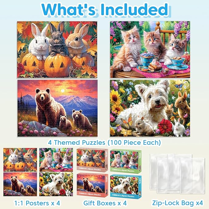 Puzzles for Kids Ages 6-8 - 4 x 100 Piece Puzzles for Kids Lovely Animals Large Piece Jigsaw Puzzles for Seniors Educational Toys Gifts Kids Puzzles for 4 5 6 7 8 9 Year Olds Boys Girls