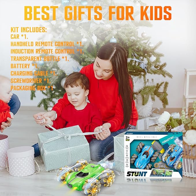 Remote Control Car, 10-in-1 Functions 2.4GHz Clectric Racing Stunt Car, Double-Sided 360°Rrolling Rotation, Spray Music 4WD High-Speed Off-Road Suitable for 6 7 8-12 Years Old boy Toys (Green)