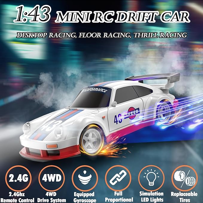 1/43 Mini RC Drift Car with Gyroscope, 2.4GHz Full Proportional High Speed Remote Control Car, RTR 4WD Fast RC Cars with LED Lights Racing Tires, Hobby RC Cars Toy Model Gift for Adults, Kids, Boys