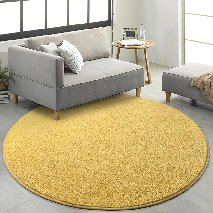 FlyDOIT Round Area Rugs for Bedroom Living Room, 4x4 Yellow Super Soft Comfy Thickened Memory-Foam Indoor Circle Carpets, Modern Aesthetic Minimalist Carpet for Boys Girls Adults Nursery Home Décor