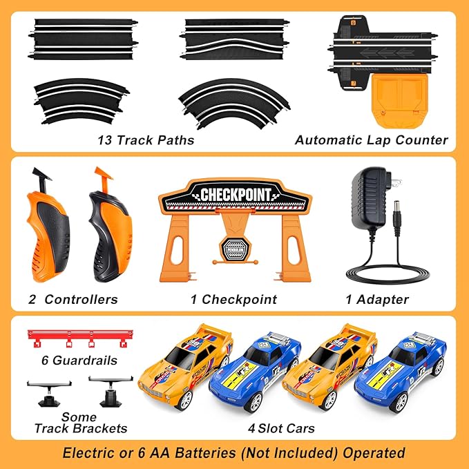 Slot Car Race Track Sets with 4 High-Speed Slot Cars, Electric/Battery-Powered Dual Car Track, Lap Counter, Controllers, Racing Car Game, Toys Gifts for Boys Girls Ages 5 6 7 8-12 Year Old Kid