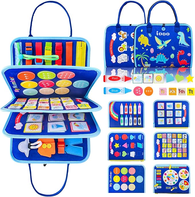 iooo Toddler Busy Board Montessori Toys for 1 2 3 4 Year Old, Sensory Board with Buckles Educational Activities for Learning Fine Motor Skills, Gifts Toy for Girls Boys for Airplane Car (Blue-5)