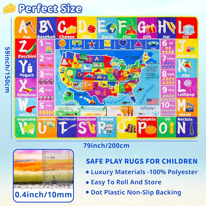 USA Map ABC Kid Rug for Playroom 78.7"×59" Classroom Play Rug Educational Baby Playmat Alphabet Rug State Symbols, ABC Letters, Numbers, Seasons&Shapes Fluffy Ployester Non-Slip Preschool Nursery Rug