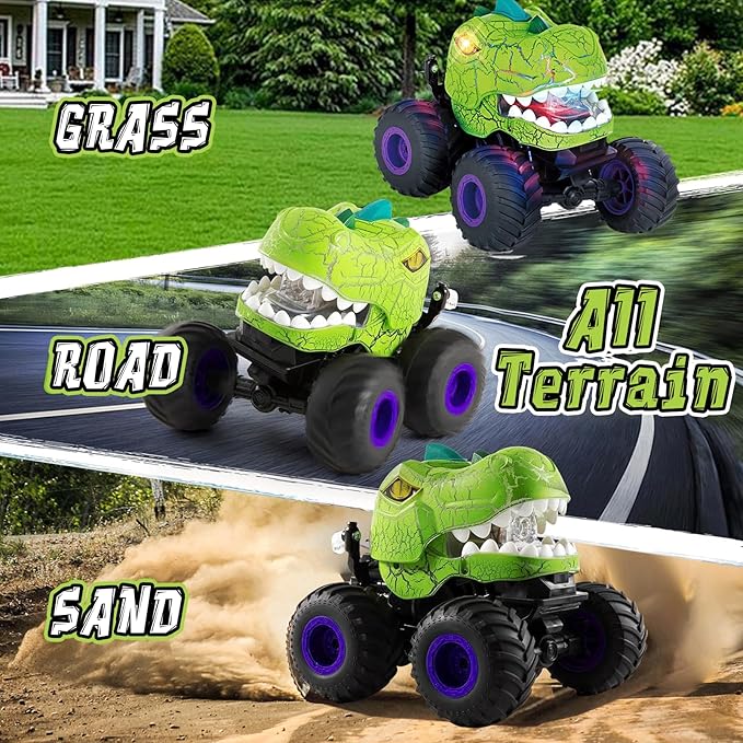 Dinosaur Remote Control Car, 360° Rotating RC Stunt Car Dinosaur Monster Truck Toys with Spray, Light & Sound,2.4GHz All Terrain Indoor/Outdoor Toys for Kids 3-12 Christmas & Birthday (Green)