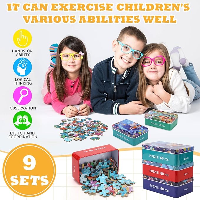 Libima 9 Boxes Party Favors Jigsaw Puzzles in a Metal Box for Age of 4-8 Wooden Puzzle for Ages 4-8 Boys and Girls Learning Educational Toys 9 Styles(Lovely Style)