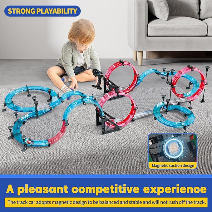Remote Control Rail car Magnetic DIY Versatile Assembly Slot Cars Children's Competitive Race Track Toys STEM Parent-Child Boys and Girls Gifts (Deluxe Bike Version)