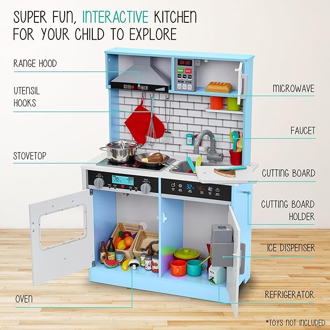 Lil' Jumbl Kids Blue Small Kitchen Set, Pretend Wooden Play Kitchen, Includes Range Hood, Microwave, Stove Top, Oven That Make Realistic Sound & Light, Pots, Pan, Cutting Board & Utensils Included,