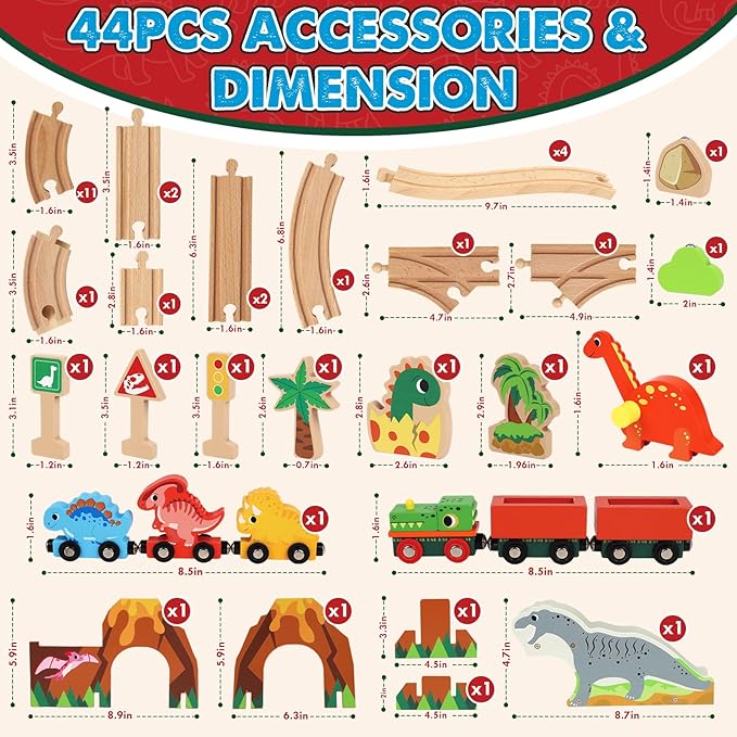 Lehoo Castle Wooden Train Set, Dinosaur Wooden Train Track Set, Wood Toy Train Set for Toddlers 2-4, Train Toys for Toddlers 3-5, Fits Thomas, Fits Brio, Fits Melissa and Doug