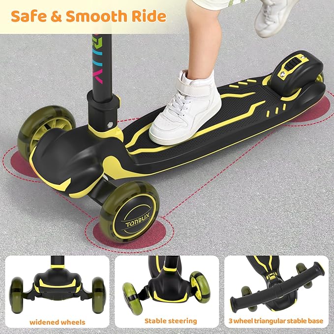 TONBUX Kids Scooter, Light Up 3 Wheel Kick Scooters for Kids 3-12, Folding Scooters with Adjustable Height - Toddler Scooter Lean-to-Steer & Widen Anti-Slip Deck
