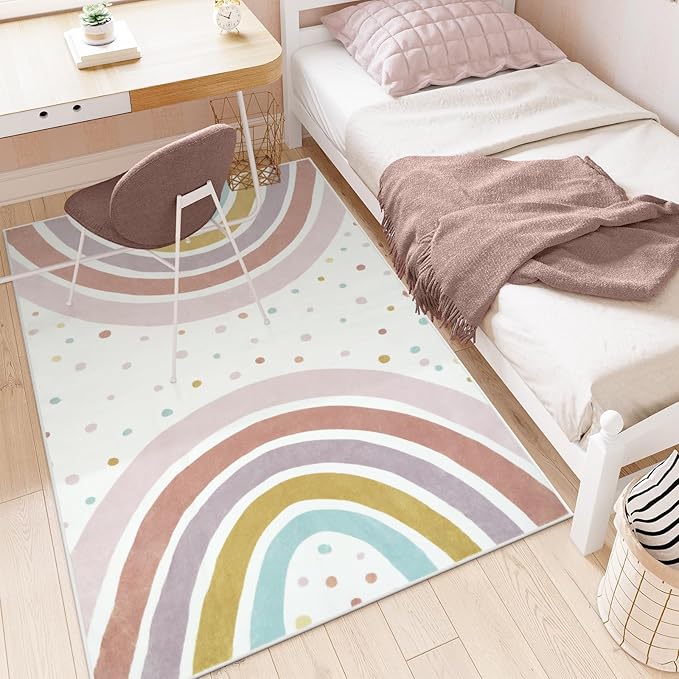 STARUIA Boho Rainbow Rug for Kids Room, 4x6 Washable Nursery Rug for Girls Bedroom Princess Castle, Soft Kids Carpet Non-Slip Area Rug for Classroom Playroom Tent