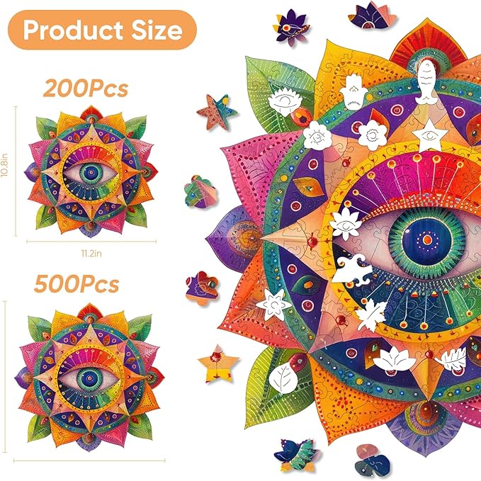 Mandala Wooden Puzzles for Adults, 200 Piece Unique Shaped Wood Evil Eye Jigsaw Puzzles for Adults and Kids, Fun Challenging Puzzles Family Game Gift, Medium 11.2'' x 10.8'