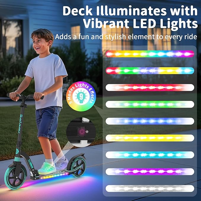 BELEEV V8 Scooters for Kids Ages 6+ with Light-Up Deck, 2 Wheel Folding Scooter for Adults Teens, 4 Adjustable Height, Lightweight Sport Commuter Scooter, Sturdy Frame, Max Load 220 lbs