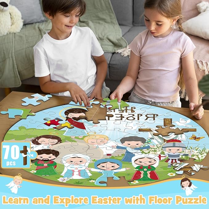 Christian Easter Gifts Basket Stuffers for Kids, 70Pcs Large Easter Floor Puzzles for Kids Age 4-8, He is Risen Jigsaw Puzzles Basket Essentials for Boy Girls