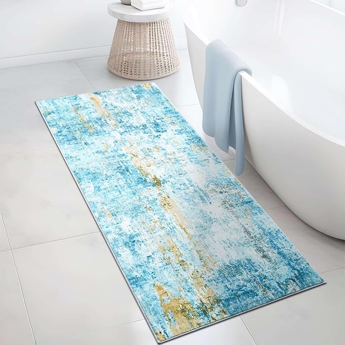 Runner Rug for Kitchen Teal Blue Hallways Runner Rug Non Slip 2'6''x8' Washable Long Runner Rugs with Rubber Backing Soft Abstract Carpet Runner for Entryway, Kitchen, Bedroom, Bathroom