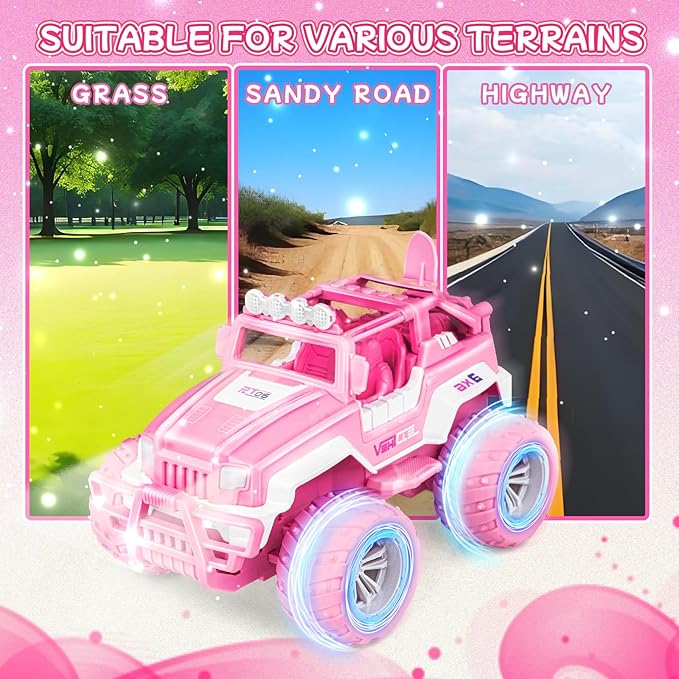 Pink Remote Control Car for Girls, 1:16 Scale RC Jeep with LED Light & Rechargeable Batteries, 80 Min Playtime 2.4 GHZ Pink Truck Toy, Car Toys Gifts for Girls