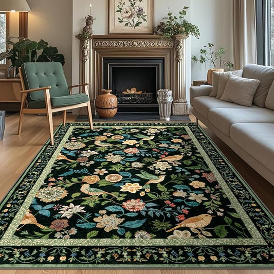 Floral Washable 8x10 Area Rugs for Living Room, Boho Birds Black/Green Large Bedroom Rug Soft Non-Slip Vintage Dining Room Rug, Low Pile Botanical Floor Carpet for Kids Room Classroom