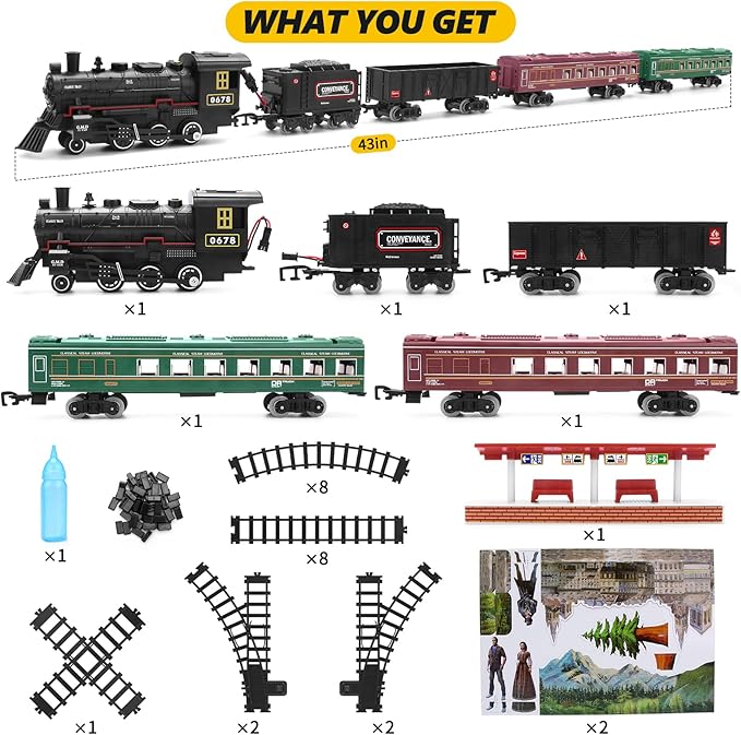 Train Set for Kids, Steam Locomotive Train w/Coal Car,Passenger Coach,Cargo Car & Long Tracks,Electric Train Railway Kits w/Smoke,Lights & Sound,Battery-Powered Train Toys Gift for Boys Girls