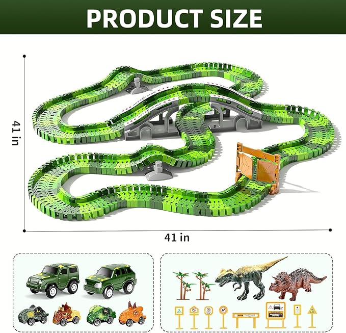144 Pieces Dinosaur Toys Car Race Tracks Sets for Kids 3 4 5 6 7 8 Years Old - Flexible Tracks Playset with Kids Dinosaur, Electronic Toy Cars for Boys, Birthday Gifts for Toys Toddlers 3-5