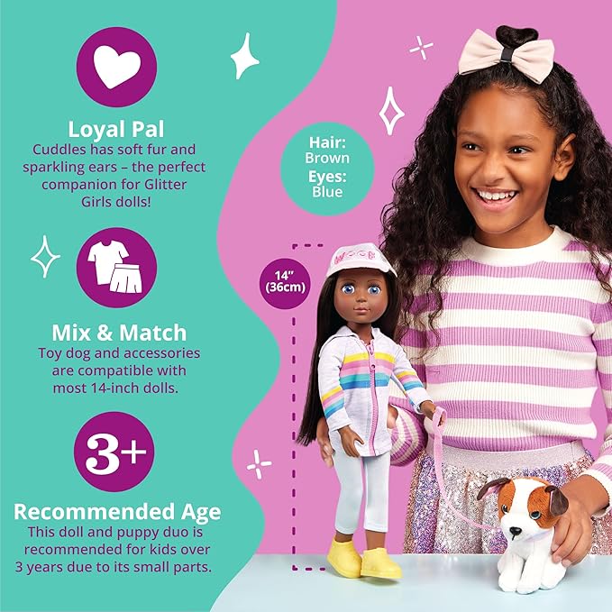 Glitter Girls - Jana & Cuddles 14-inch Poseable Fashion Doll-plush Dog Pet - Dolls for Girls Age 3 & Up