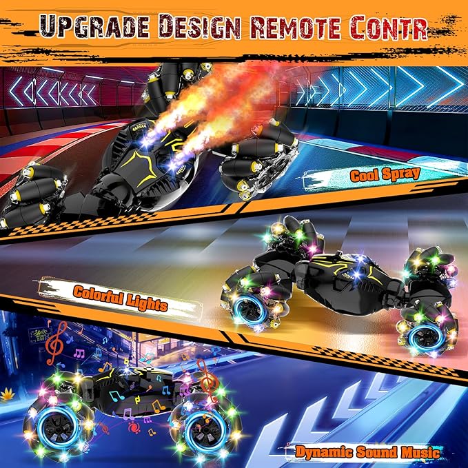 Remote Control Stunt Car Toys: Christmas Birthday Gifts for Boys Toys Ages 6-12 - 2.4Ghz Gesture Sensing Remote Control Cars with Light and Music Spray - 8WD Drift 360° Rotating RC Car for 7-14 Kids