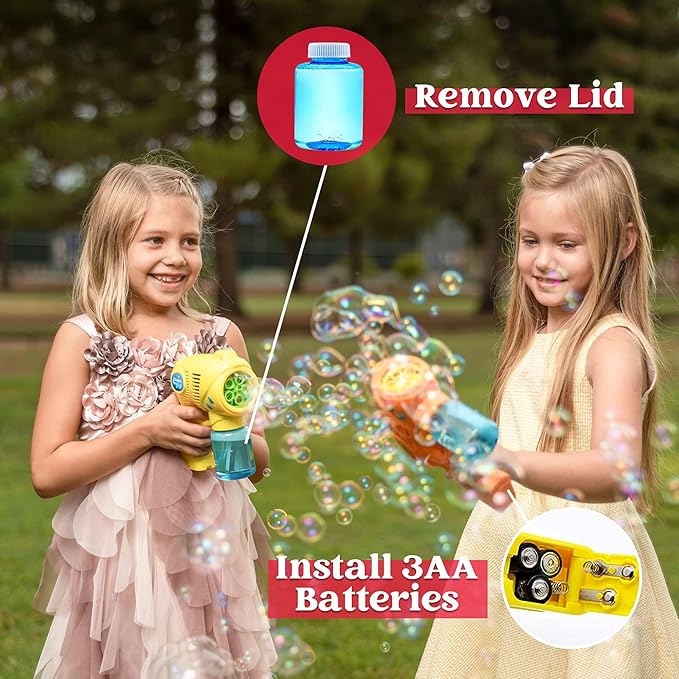JOYIN 2 Bubble Guns with 2 Refill Solution (10 oz Total), Bubbles Maker, Blower for Kids, Toddlers, Outdoors Activity, Birthday Gift, Easter Basket Stuffers (Yellow+Orange)