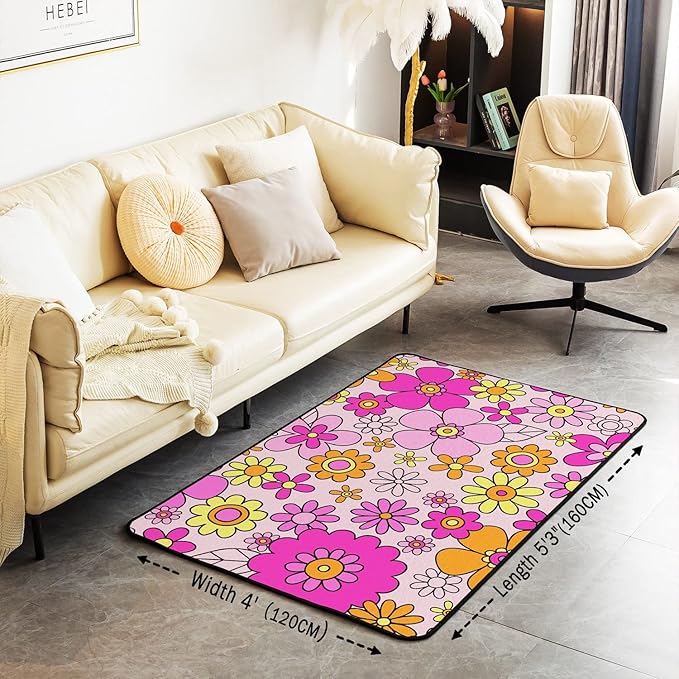Erosebridal Girls Pink Flowers Area Rug 4x5,Psychedelic Groovy Floral Power Rug Aesthetic,Hippie Vintage 60S 70S Style Carpet Funky Hand Drawn Non Slip Living Room Rugs