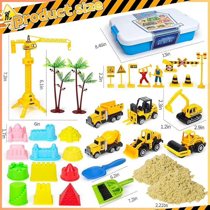 Sensory Bin, Diecast Construction Trucks Play Sand Art Kits with 2.2lbs Magic Sand, Molds, Shovel, 6Pcs Construction Vehicles, Crane- Great Sensory Sandbox Toys for Kids Toddlers Age 3-8