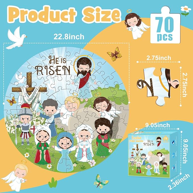 Christian Easter Gifts Basket Stuffers for Kids, 70Pcs Large Easter Floor Puzzles for Kids Age 4-8, He is Risen Jigsaw Puzzles Basket Essentials for Boy Girls