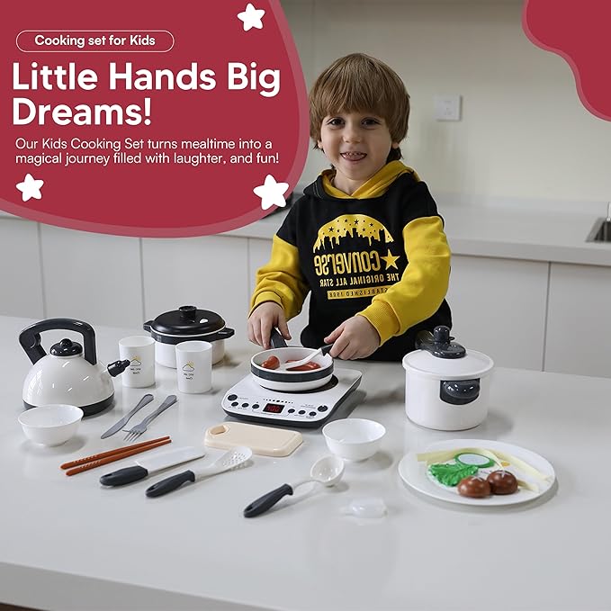 Kids Kitchen Playset - Realistic Steaming Pan, Pretend Stove Toy Set with Play Kitchen Accessories - With Fruits, Vegetables, Kettle, Frying Pan, Cook Pot, Pressure Cooker - For Children Ages 3+ Years