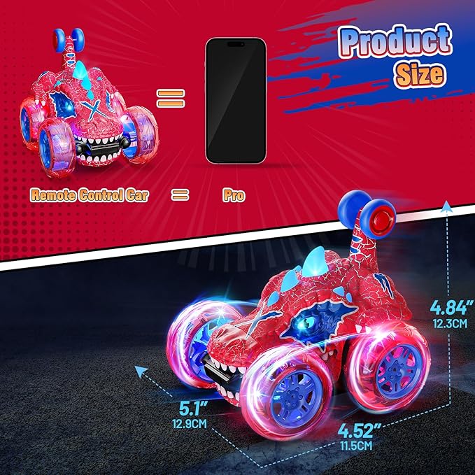 Carsky Remote Control Car RC Cars for Boy 360°Stunt Rotation 4WD Remote Cars for Kids 3-6 Double Sided Dinosaur Toy with Lights,2.4GHz Electric Toy Car,Easter Birthday Gift for 3 4 5 6 Year Old Boy