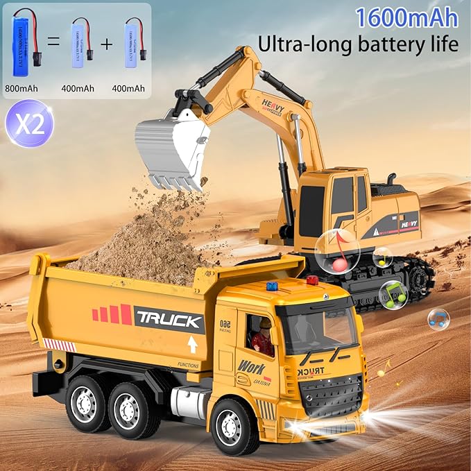 Remote Control Excavator and Dump Truck Toy Set - RC Construction Vehicles Toy with Barricades, Road Signs, Simulated Rocks, Lights and Sounds, Present for Toddlers 3-12 Year Boys Girls