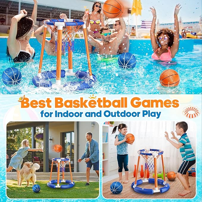 Pool Basketball Hoop Poolside, Floating Pool Toys with 4 Basketballs/1 Pump, Swimming Pool Games for Kids Adults, Water Basketball for Pool Basketball Games for Outdoor Indoor Play